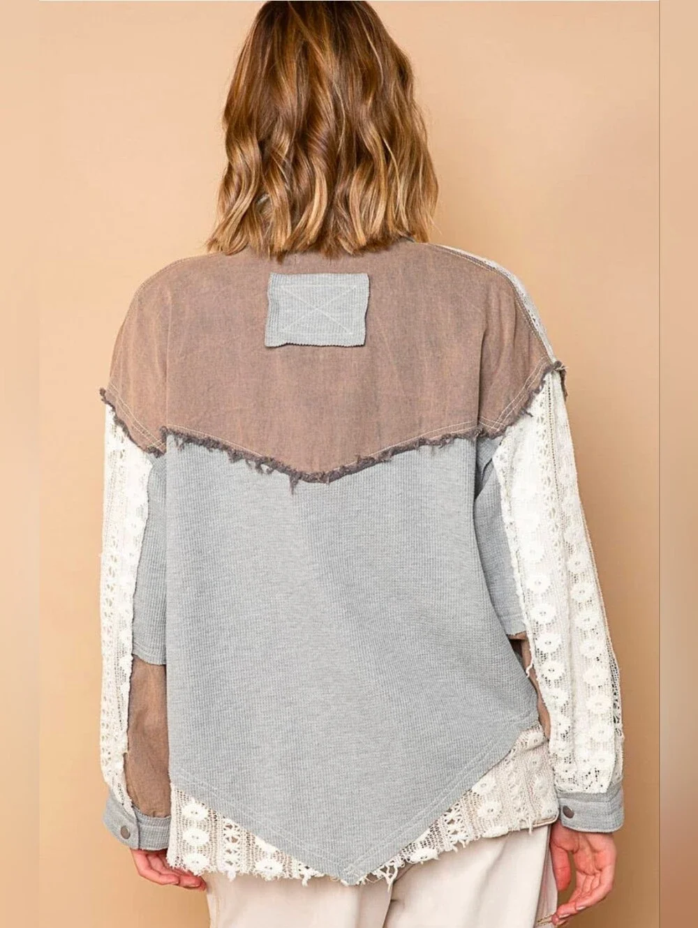 NEW!!! POL Patchwork Lace & Cotton Button-Up Jacket in Taupe and Cream, Sz Large - Picture 5 of 5